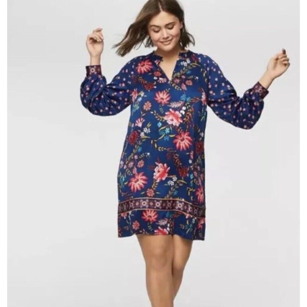 LOFT‎ Wildflower Shift Dress Blue Floral Cuffed Balloon Sleeve Women's Sz Small